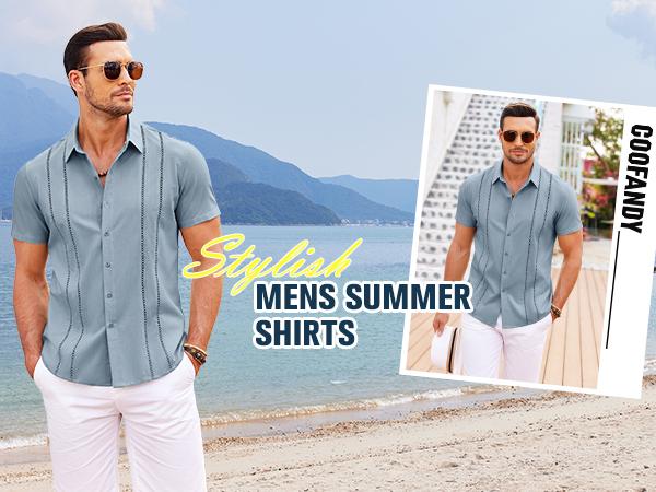 COOFANDY Men's Cuban Guayabera Shirt Short Sleeve V-Neck Button Down Casual Summer Beach Linen Top Fitted Breathable Soft Fabric COOFANDY Men's Cuban Guayabera Shirt Short Sleeve V-Neck Button Down Casual Summer Beach Linen Top Fitted Breathable Soft Fabric