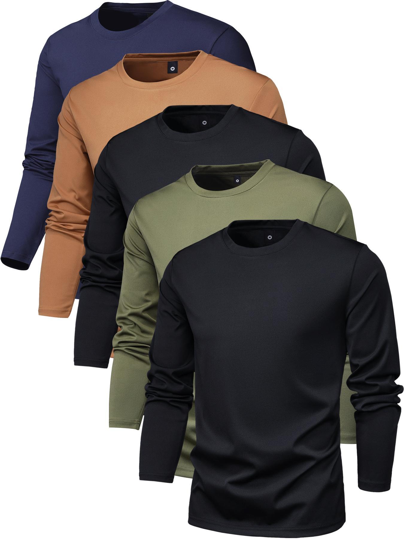 Men's Plain Long Sleeve Tee, Regular Fit Casual Round Neck Fitted Stretch T-shirt for Spring & Fall, Men's Top for Daily Wear, Menswear