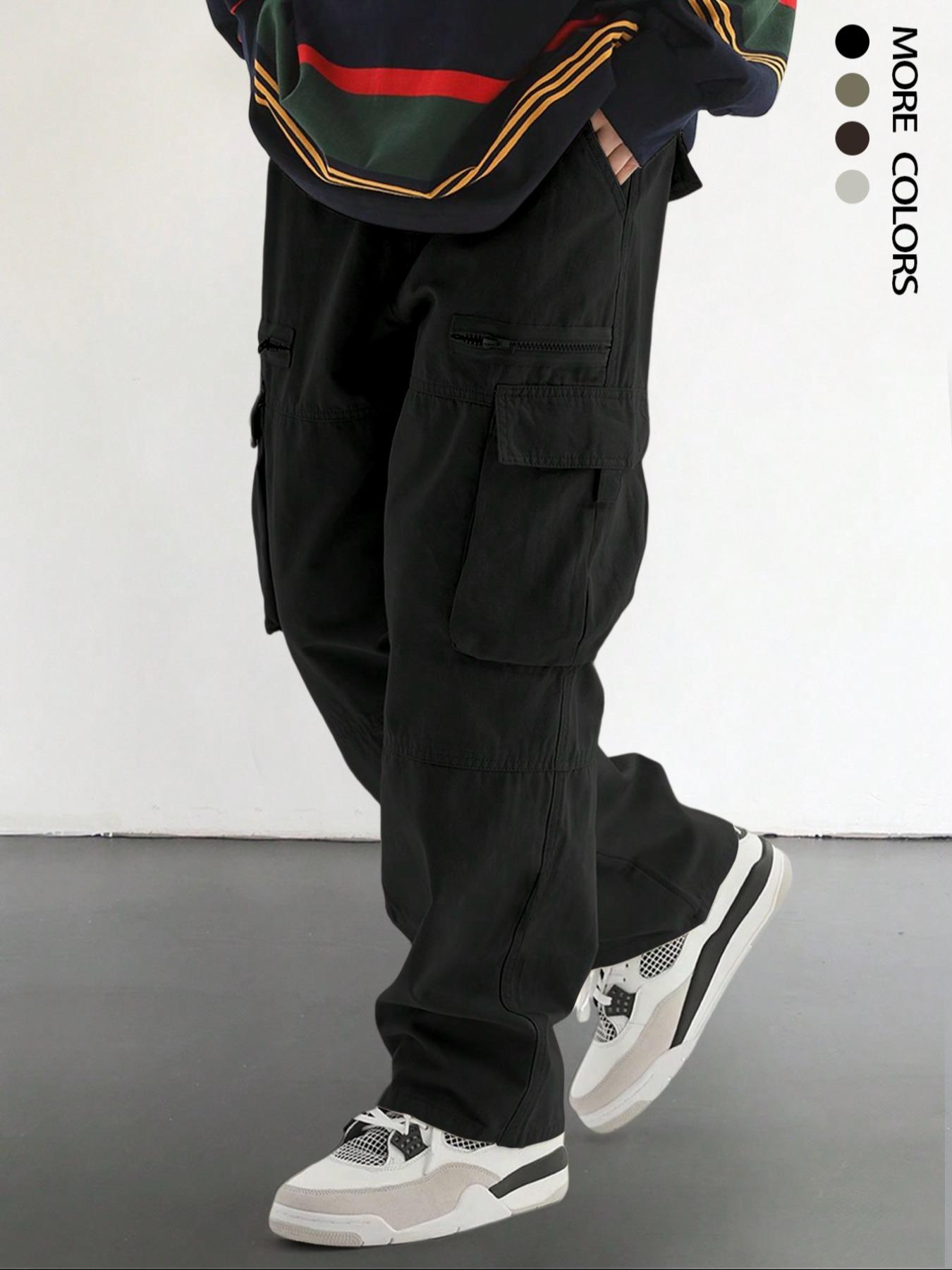 Men's Plain Drawstring Waist Cargo Pants, Loose Street Fashion Zipper Multi-pockets Casual Slant Pocket Trousers, Pants for Men, Menswear Summer Work Outfits, Mens Bottoms, Casual Streetwear Trousers