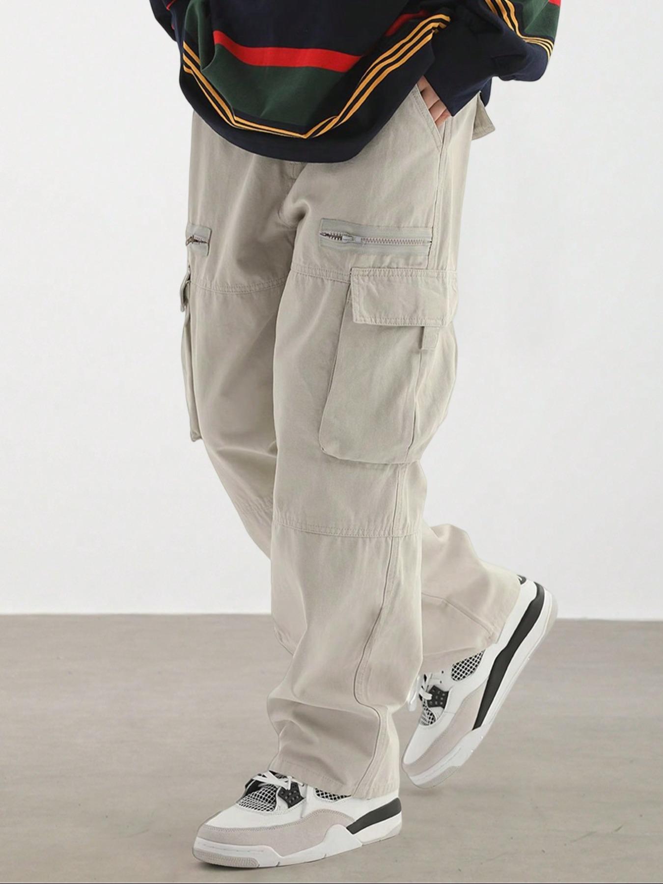 Men's Plain Drawstring Waist Cargo Pants, Loose Street Fashion Zipper Multi-pockets Casual Slant Pocket Trousers, Pants for Men, Menswear Summer Work Outfits, Mens Bottoms, Casual Streetwear Trousers