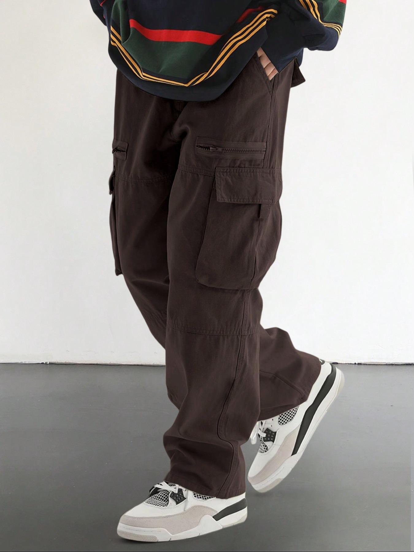 Men's Plain Drawstring Waist Cargo Pants, Loose Street Fashion Zipper Multi-pockets Casual Slant Pocket Trousers, Pants for Men, Menswear Summer Work Outfits, Mens Bottoms, Casual Streetwear Trousers