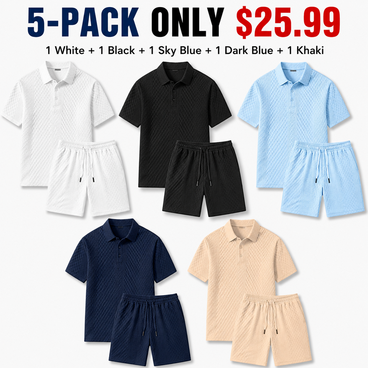Men's summer casual texture fabric solid color polo shirt T-shirt shorts 2-piece set, loose fit suitable for casual sports, breathable and cool, essential summer outfit, comfortable and versatile  Menswear Plain