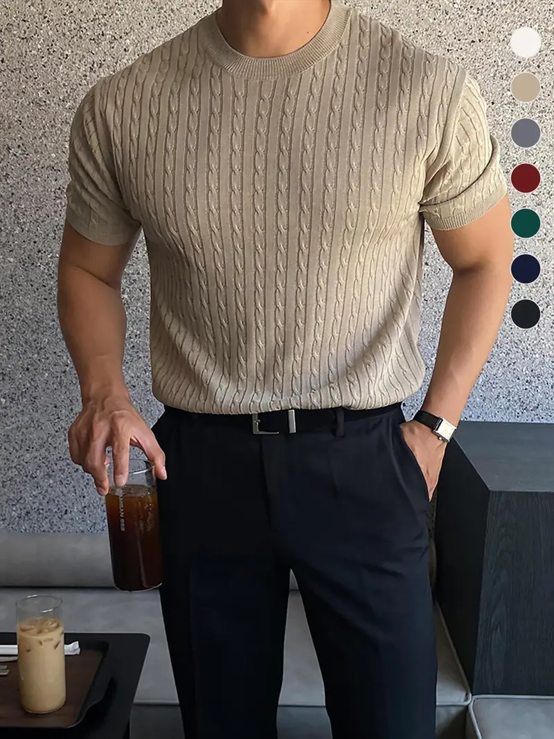 Summer Clothes Men's Plain Round Neck Stretchy Knit Cable Knit Top, Slim Casual Crew Neck Knitwear for Spring & Summer, Menswear for Daily Wear, National Day Clothing