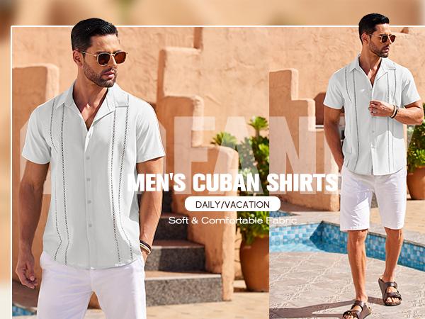 COOFANDY Men's Cuban Guayabera Shirt Short Sleeve V-Neck Button Down Casual Summer Beach Linen Top Fitted Breathable Soft Fabric COOFANDY Men's Cuban Guayabera Shirt Short Sleeve V-Neck Button Down Casual Summer Beach Linen Top Fitted Breathable Soft Fabric