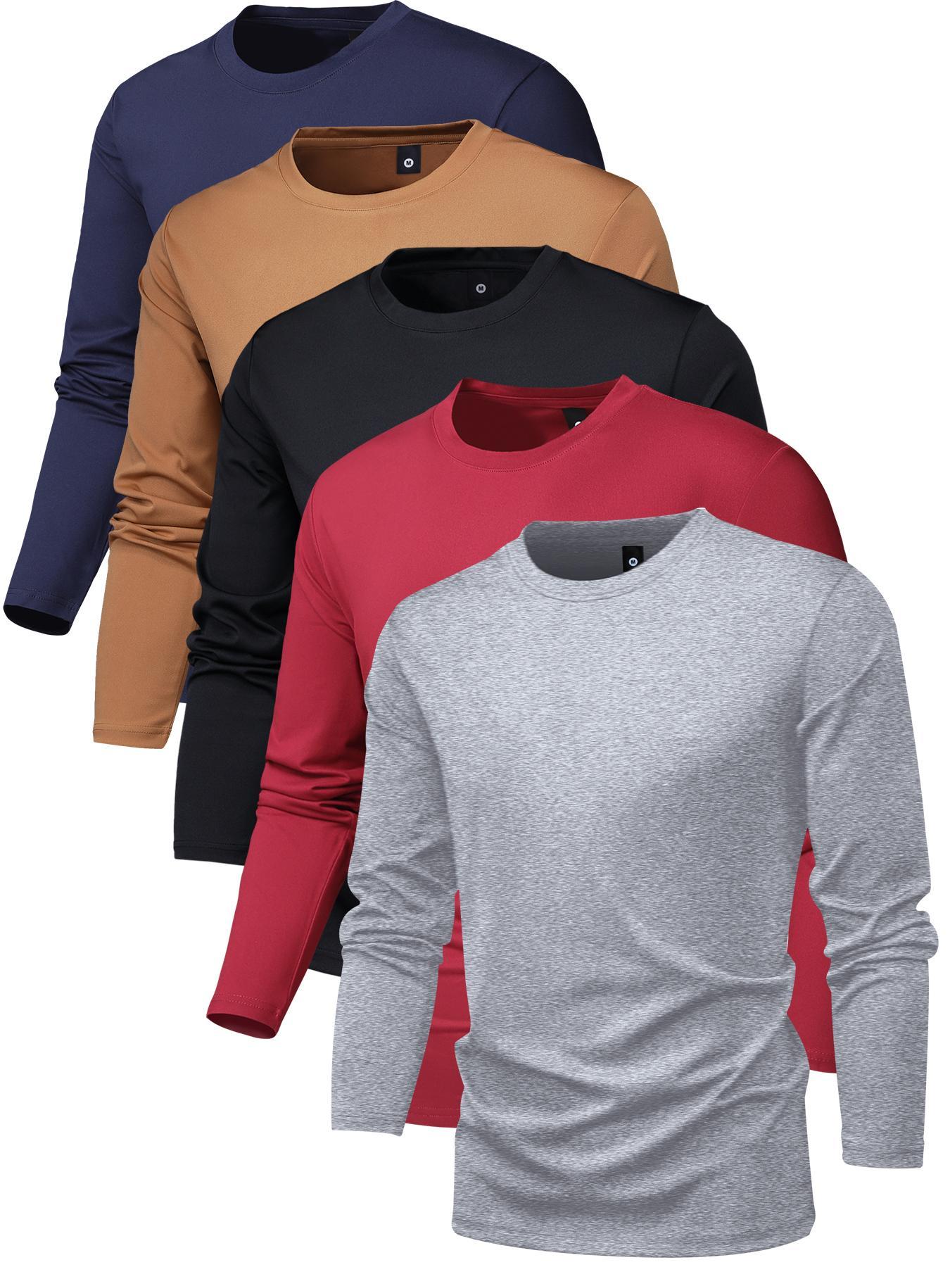 Men's Plain Long Sleeve Tee, Regular Fit Casual Round Neck Fitted Stretch T-shirt for Spring & Fall, Men's Top for Daily Wear, Menswear