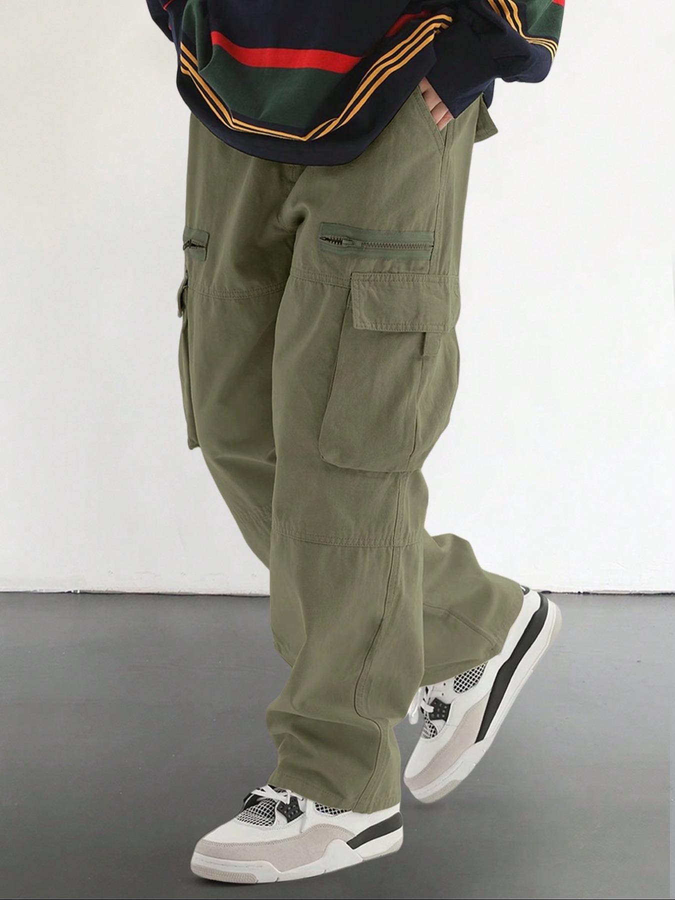 Men's Plain Drawstring Waist Cargo Pants, Loose Street Fashion Zipper Multi-pockets Casual Slant Pocket Trousers, Pants for Men, Menswear Summer Work Outfits, Mens Bottoms, Casual Streetwear Trousers