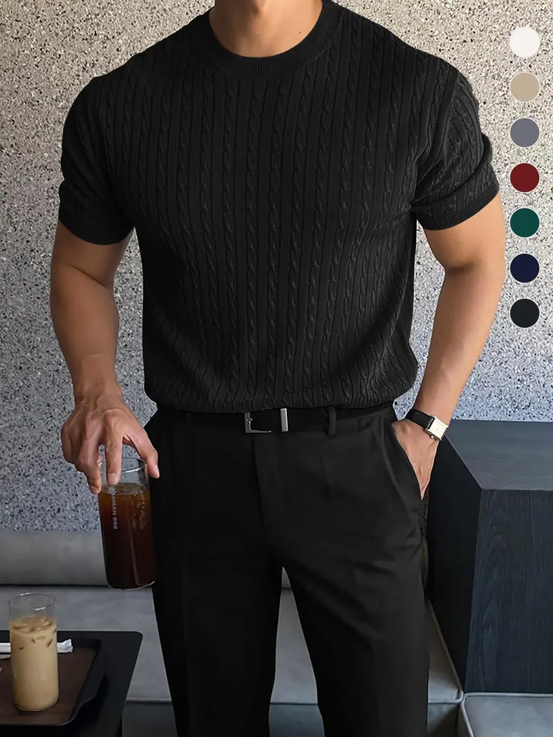 Summer Clothes Men's Plain Round Neck Stretchy Knit Cable Knit Top, Slim Casual Crew Neck Knitwear for Spring & Summer, Menswear for Daily Wear, National Day Clothing