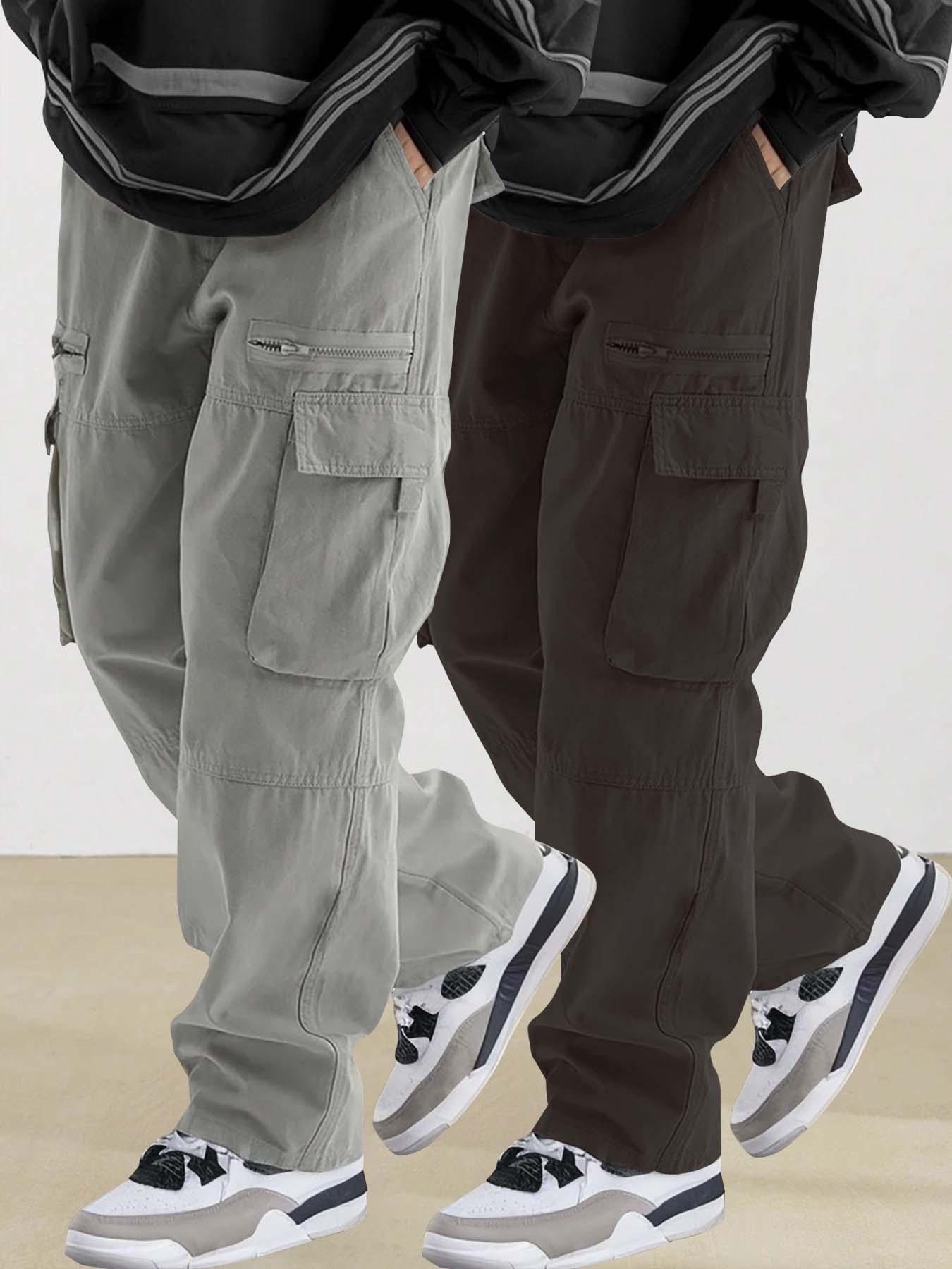 Men's Plain Drawstring Waist Cargo Pants, Loose Street Fashion Zipper Multi-pockets Casual Slant Pocket Trousers, Pants for Men, Menswear Summer Work Outfits, Mens Bottoms, Casual Streetwear Trousers