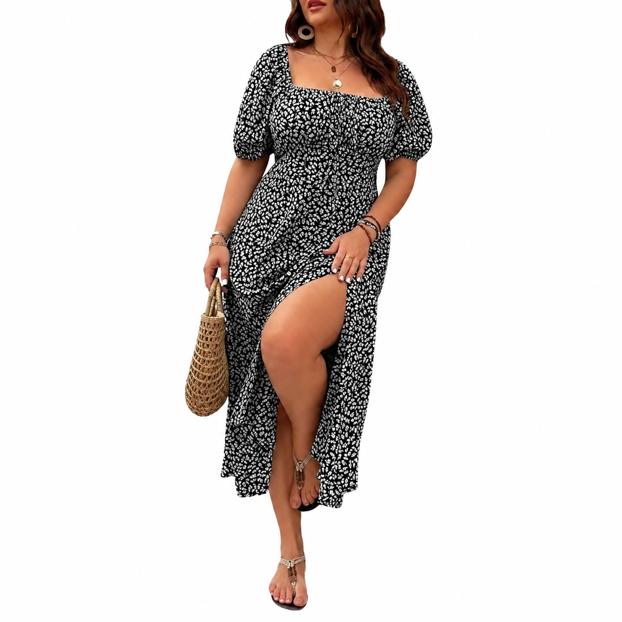 🔥Plus Size Ditsy Floral All Over Print Split Thigh Dress, Casual Puff Sleeve🎉