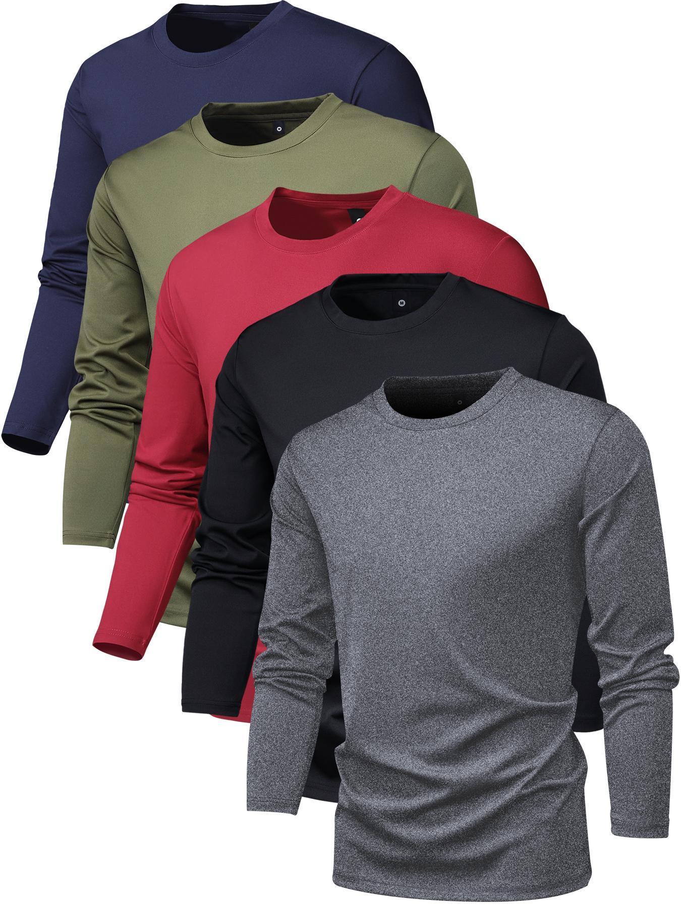 Men's Plain Long Sleeve Tee, Regular Fit Casual Round Neck Fitted Stretch T-shirt for Spring & Fall, Men's Top for Daily Wear, Menswear