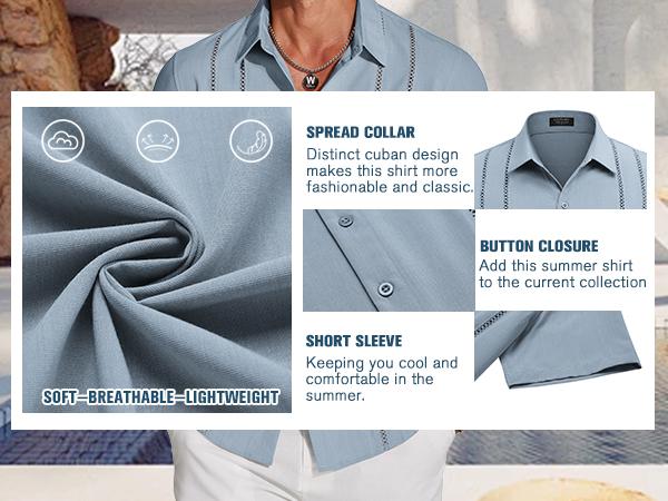 COOFANDY Men's Cuban Guayabera Shirt Short Sleeve V-Neck Button Down Casual Summer Beach Linen Top Fitted Breathable Soft Fabric COOFANDY Men's Cuban Guayabera Shirt Short Sleeve V-Neck Button Down Casual Summer Beach Linen Top Fitted Breathable Soft Fabric