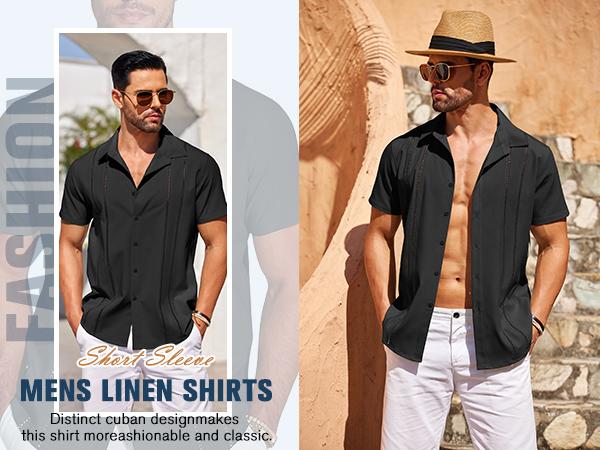 COOFANDY Men's Cuban Guayabera Shirt Short Sleeve V-Neck Button Down Casual Summer Beach Linen Top Fitted Breathable Soft Fabric COOFANDY Men's Cuban Guayabera Shirt Short Sleeve V-Neck Button Down Casual Summer Beach Linen Top Fitted Breathable Soft Fabric