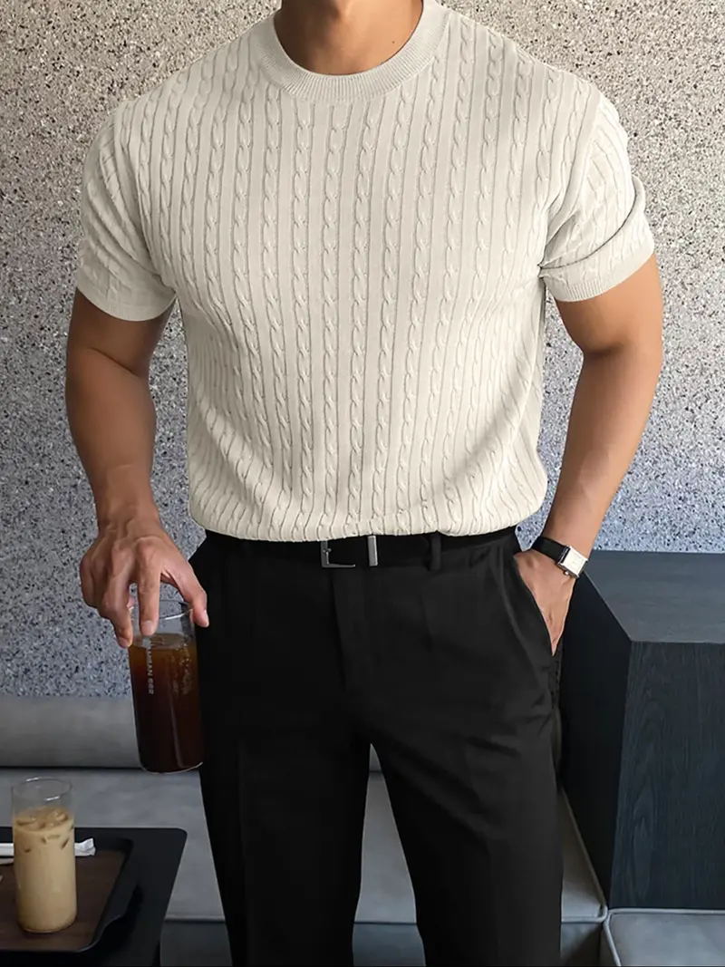 Summer Clothes Men's Plain Round Neck Stretchy Knit Cable Knit Top, Slim Casual Crew Neck Knitwear for Spring & Summer, Menswear for Daily Wear, National Day Clothing