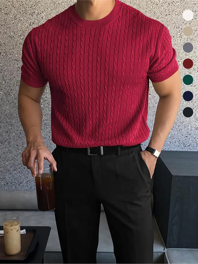 Summer Clothes Men's Plain Round Neck Stretchy Knit Cable Knit Top, Slim Casual Crew Neck Knitwear for Spring & Summer, Menswear for Daily Wear, National Day Clothing