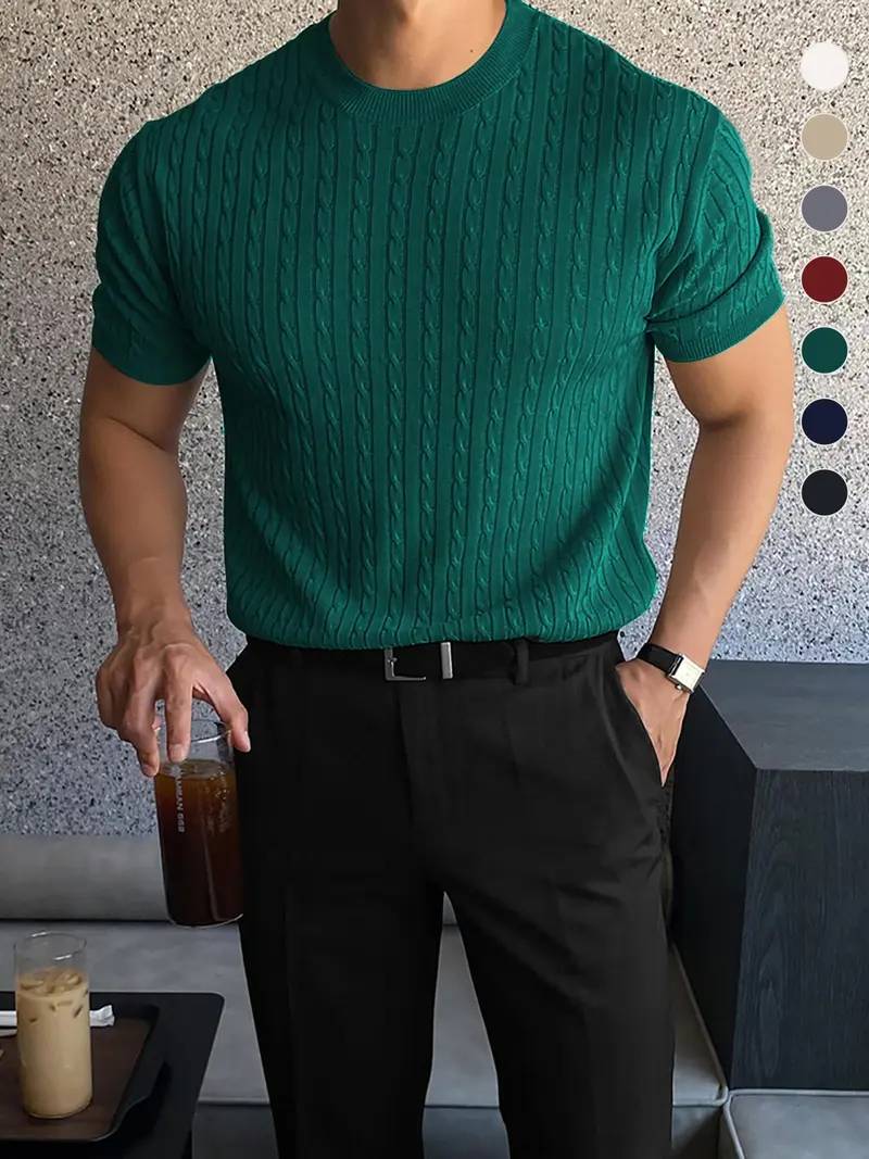 Summer Clothes Men's Plain Round Neck Stretchy Knit Cable Knit Top, Slim Casual Crew Neck Knitwear for Spring & Summer, Menswear for Daily Wear, National Day Clothing