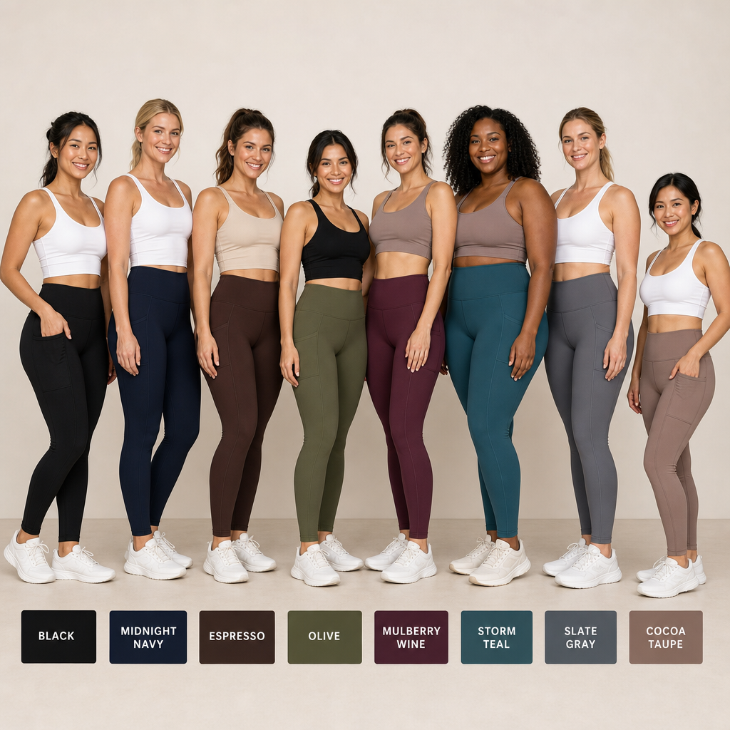 8 women wearing the same high-rise pocket leggings in different colors