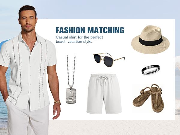 COOFANDY Men's Cuban Guayabera Shirt Short Sleeve V-Neck Button Down Casual Summer Beach Linen Top Fitted Breathable Soft Fabric COOFANDY Men's Cuban Guayabera Shirt Short Sleeve V-Neck Button Down Casual Summer Beach Linen Top Fitted Breathable Soft Fabric
