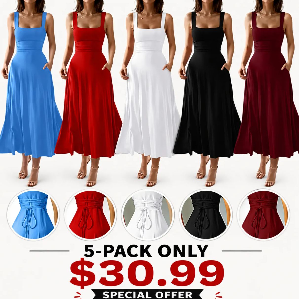 Women's Casual Sleeveless Square Neck A-Line Solid Slim Flowy Long Dress with Pockets & Back Tie Detail Design