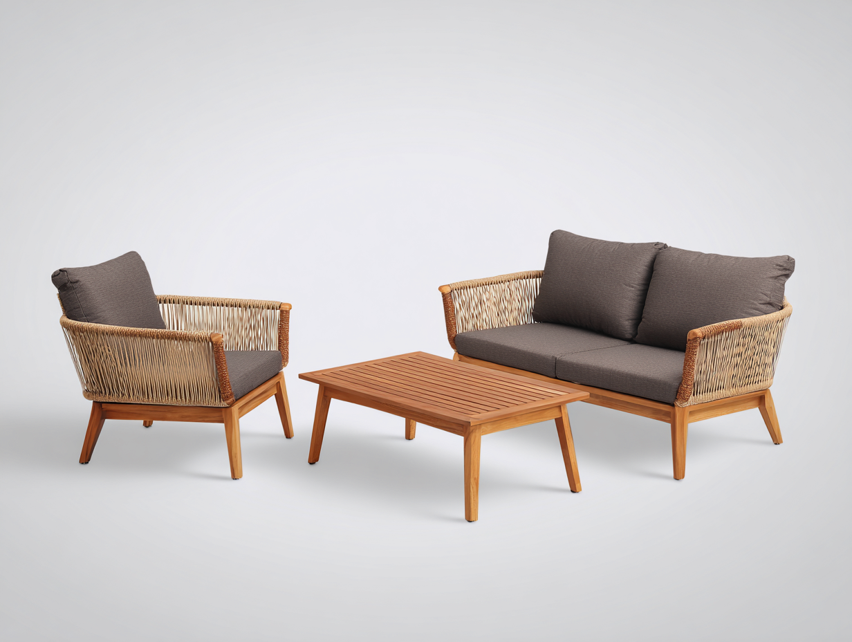 Canapé de jardin - Bois-Corde-Textile - 158x76x78 cm - Naturel-Gris foncé - Contemporain-Coraidecor