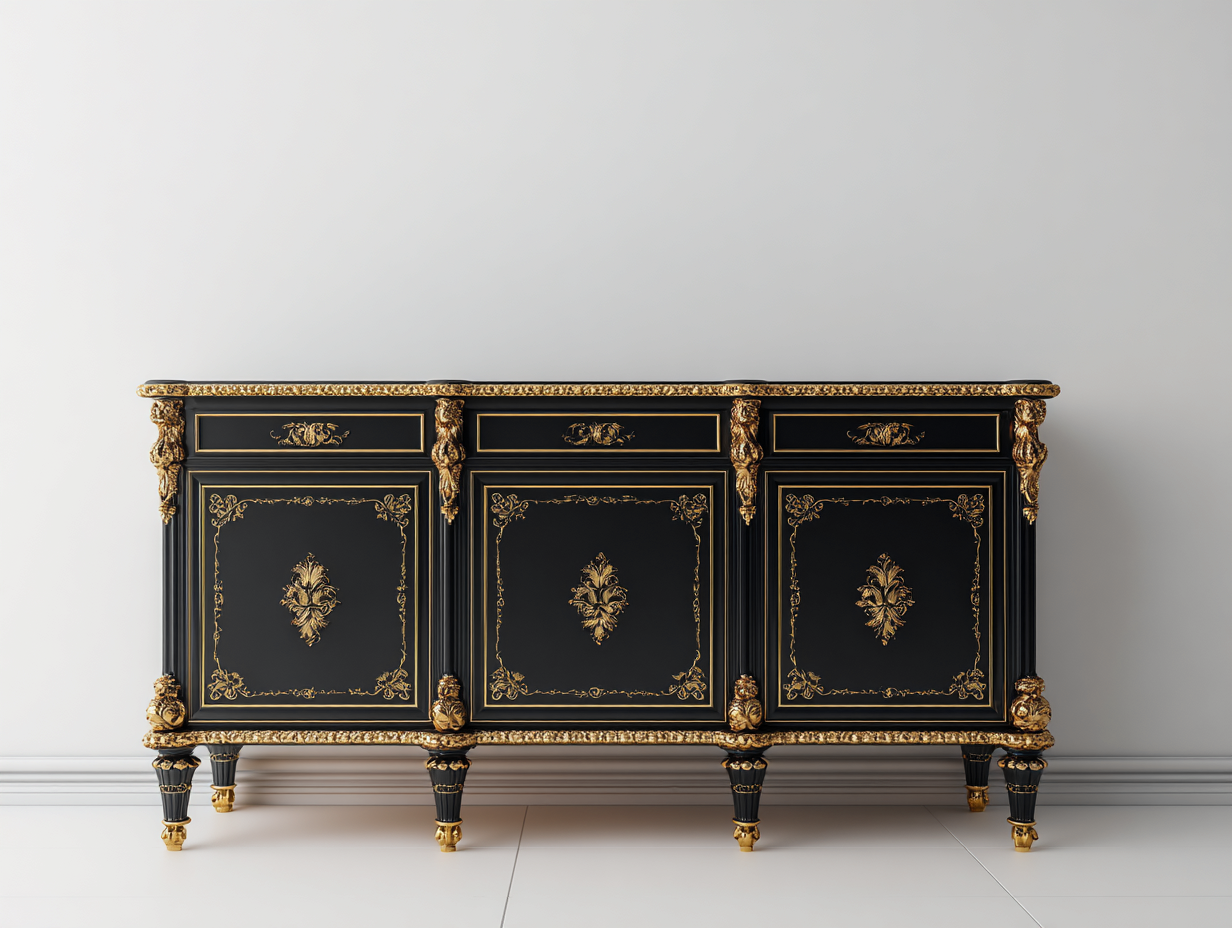 Meuble d'entrée - Bois-Métal - 215x48x92 cm - Noir-Doré - Classique-Coraidecor