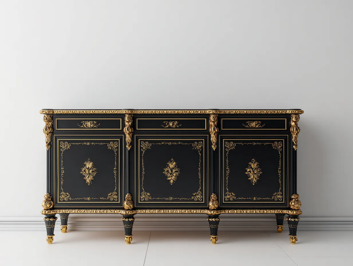 Meuble d'entrée - Bois-Métal - 215x48x92 cm - Noir-Doré - Classique-Coraidecor