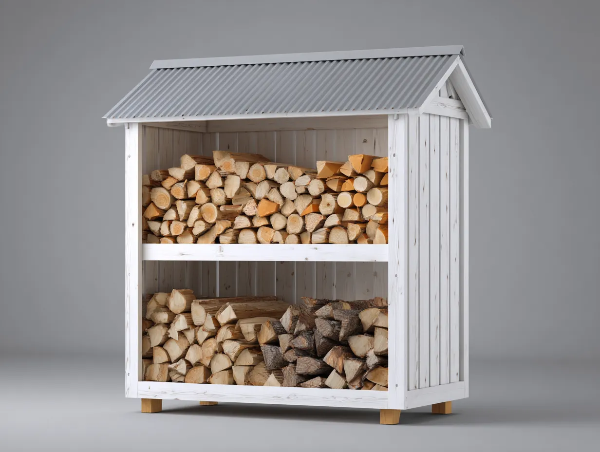 Abri à bûches - Bois-Métal - 142x50x158 cm - Blanc-Gris-Naturel - Chalet compact-Coraidecor