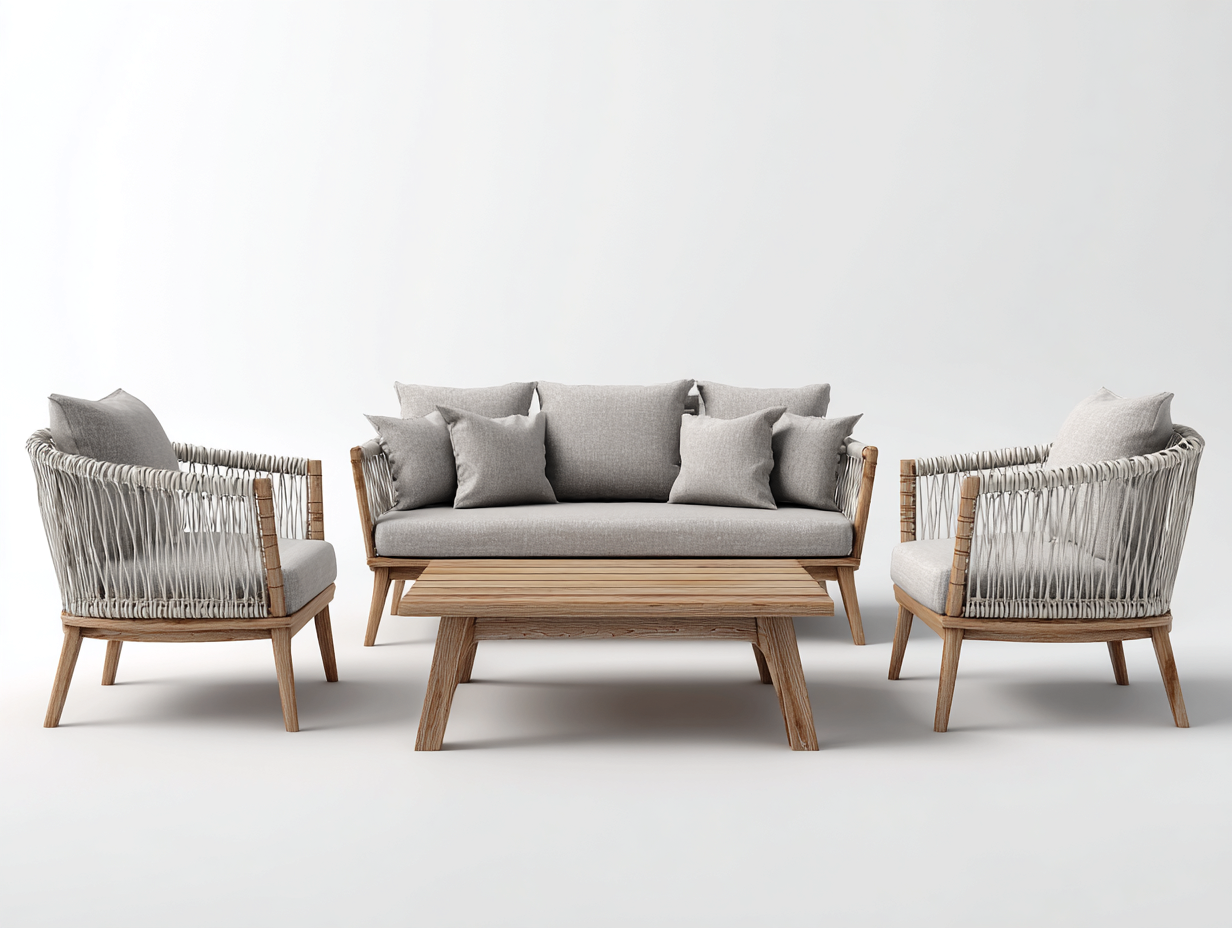 Canapé de jardin - Bois-Corde-Textile - 184x78x82 cm - Naturel-Gris clair - Bohème moderne-Coraidecor