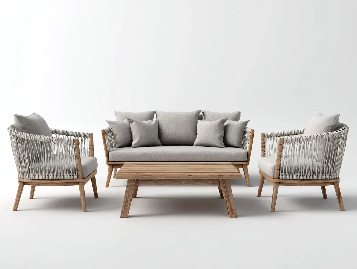 Canapé de jardin - Bois-Corde-Textile - 184x78x82 cm - Naturel-Gris clair - Bohème moderne-Coraidecor
