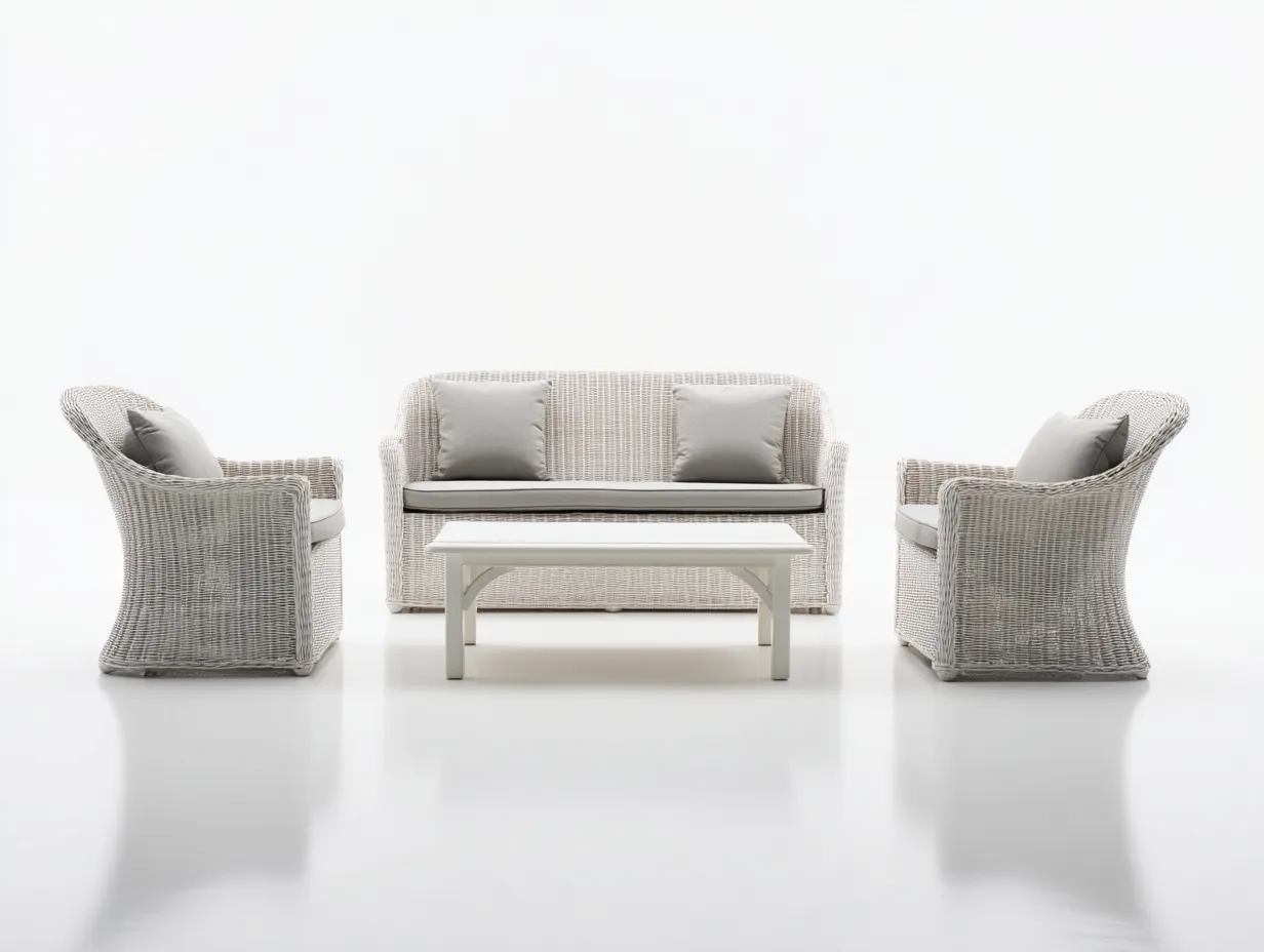 Canapé de jardin - Résine tressée-Textile-Bois - 150x70x82 cm - Blanc-Gris clair - Classique-Coraidecor