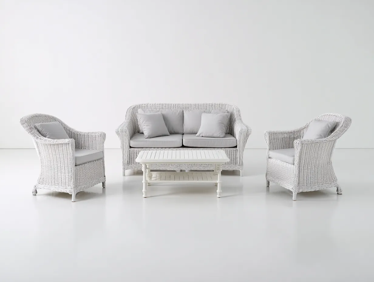 Canapé de jardin - Résine tressée-Textile-Bois - 146x70x86 cm - Blanc-Gris clair - Classique-Coraidecor