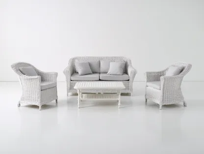 Canapé de jardin - Résine tressée-Textile-Bois - 146x70x86 cm - Blanc-Gris clair - Classique-Coraidecor