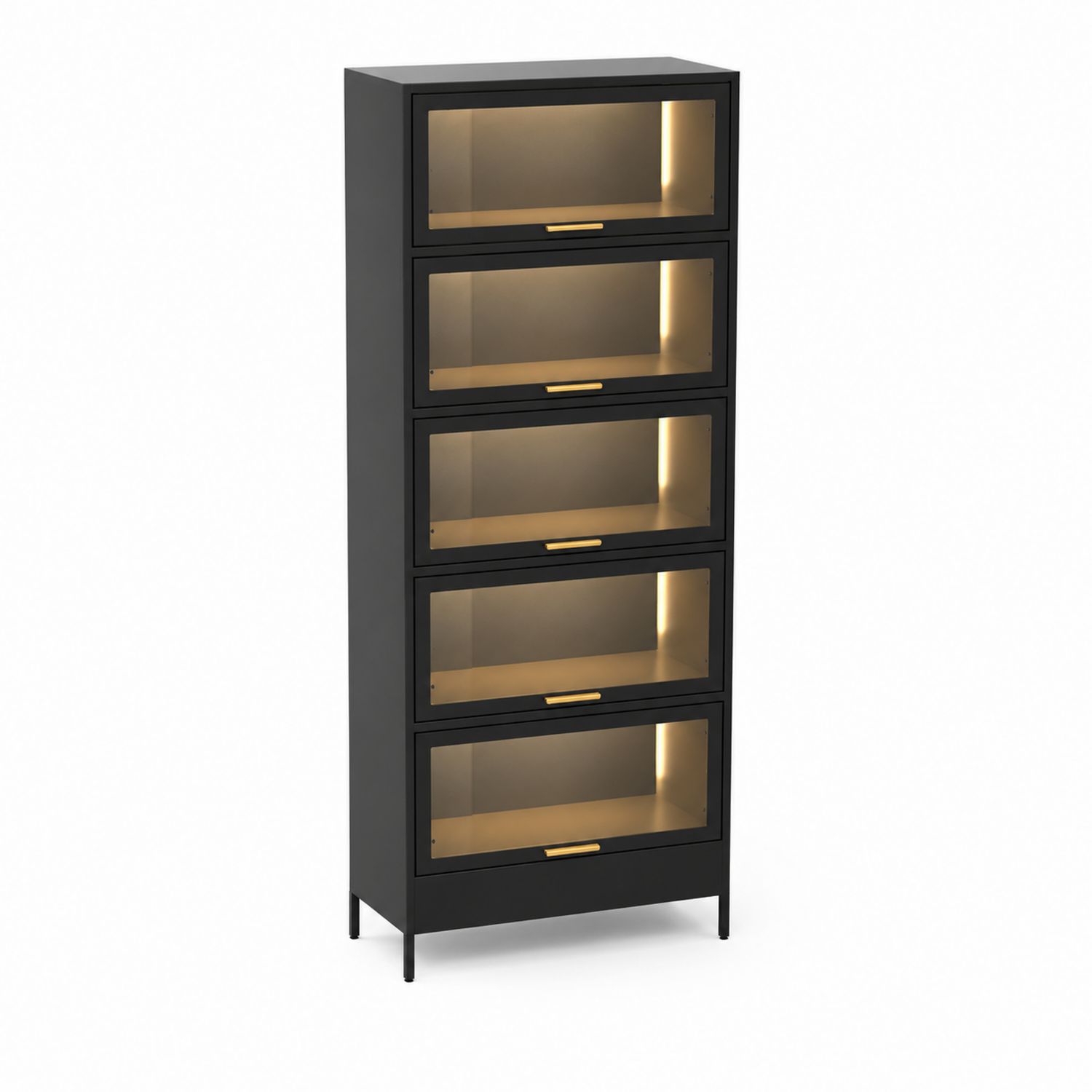 Metall Bücherregal mit 5 Glastüren Schwarz/Gold