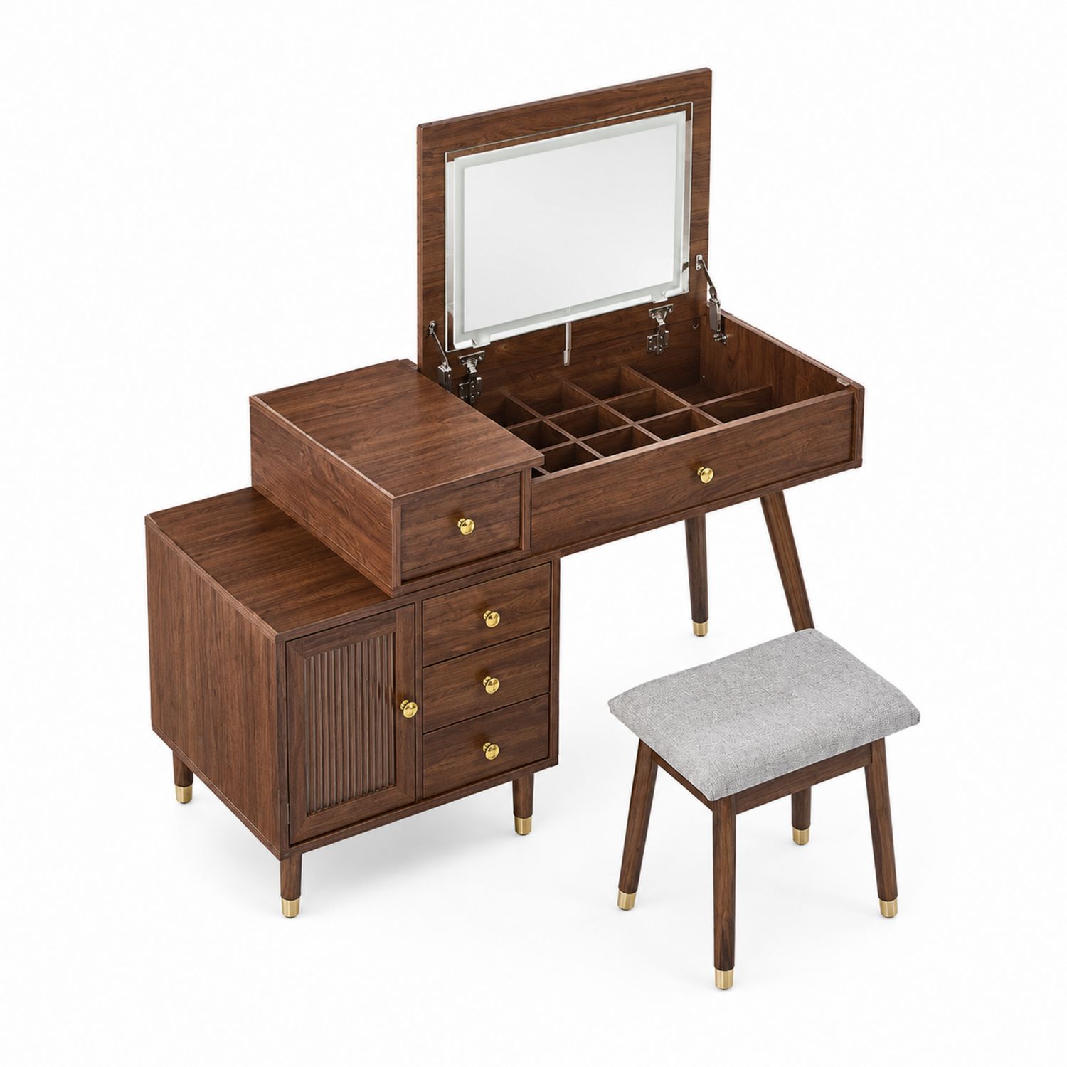 Schminktisch Set aus Walnussholz mit Spiegel und Hocker