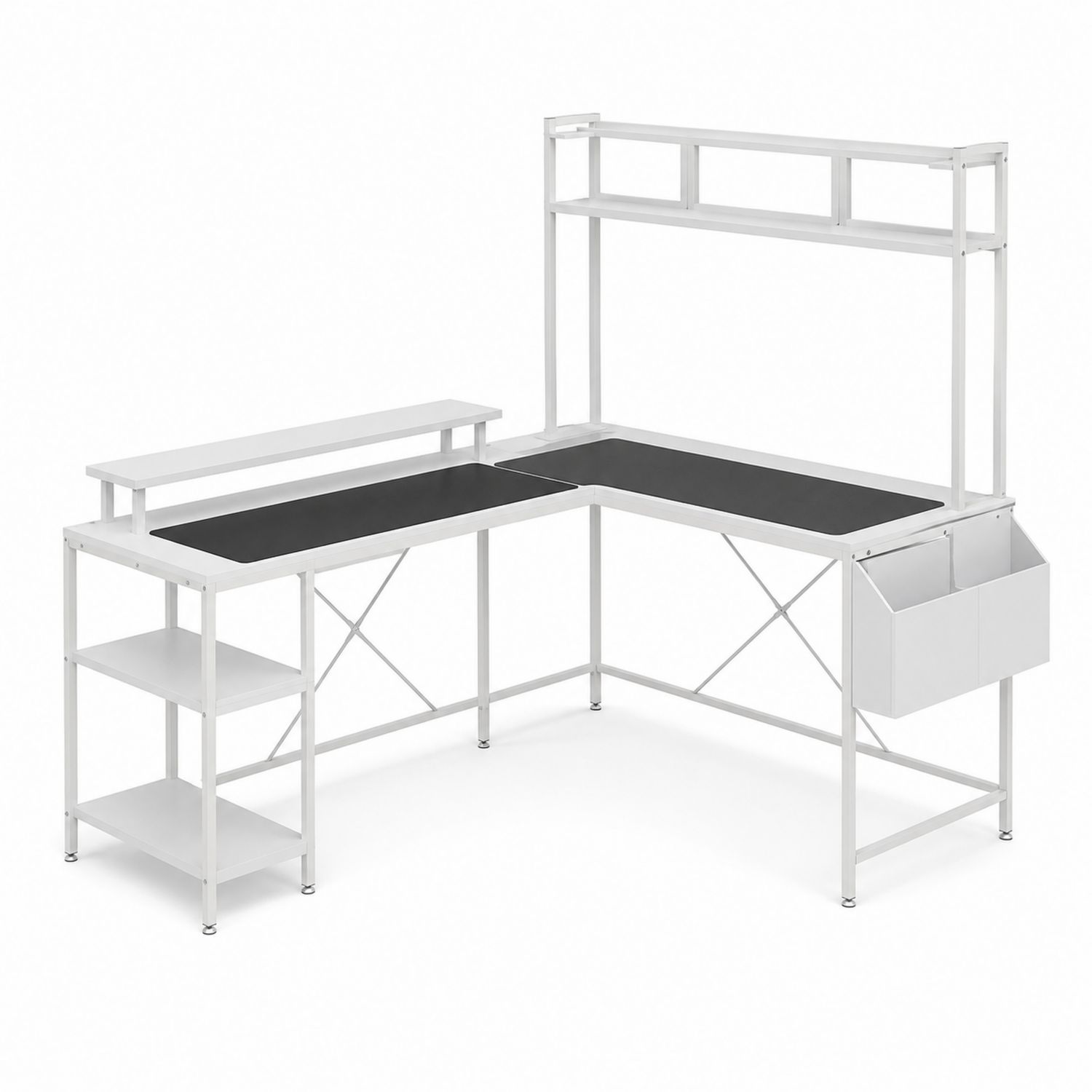 Eckschreibtisch mit Regalen und Aufbewahrung aus Metall und MDF in Weiß/Schwarz