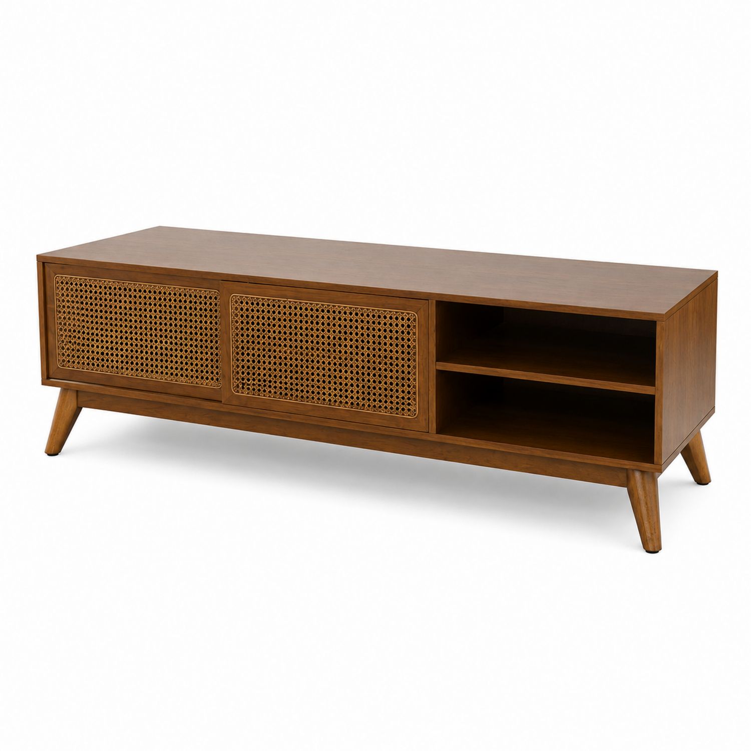 TV-Schrank aus Teakholz mit Rattan und offenen Fächern 150x40x45 cm Braun