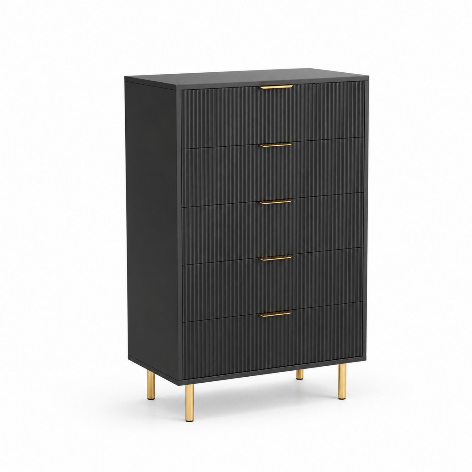 Kommode aus MDF mit Metallbeinen, Schwarz und Gold, 5 Schubladen