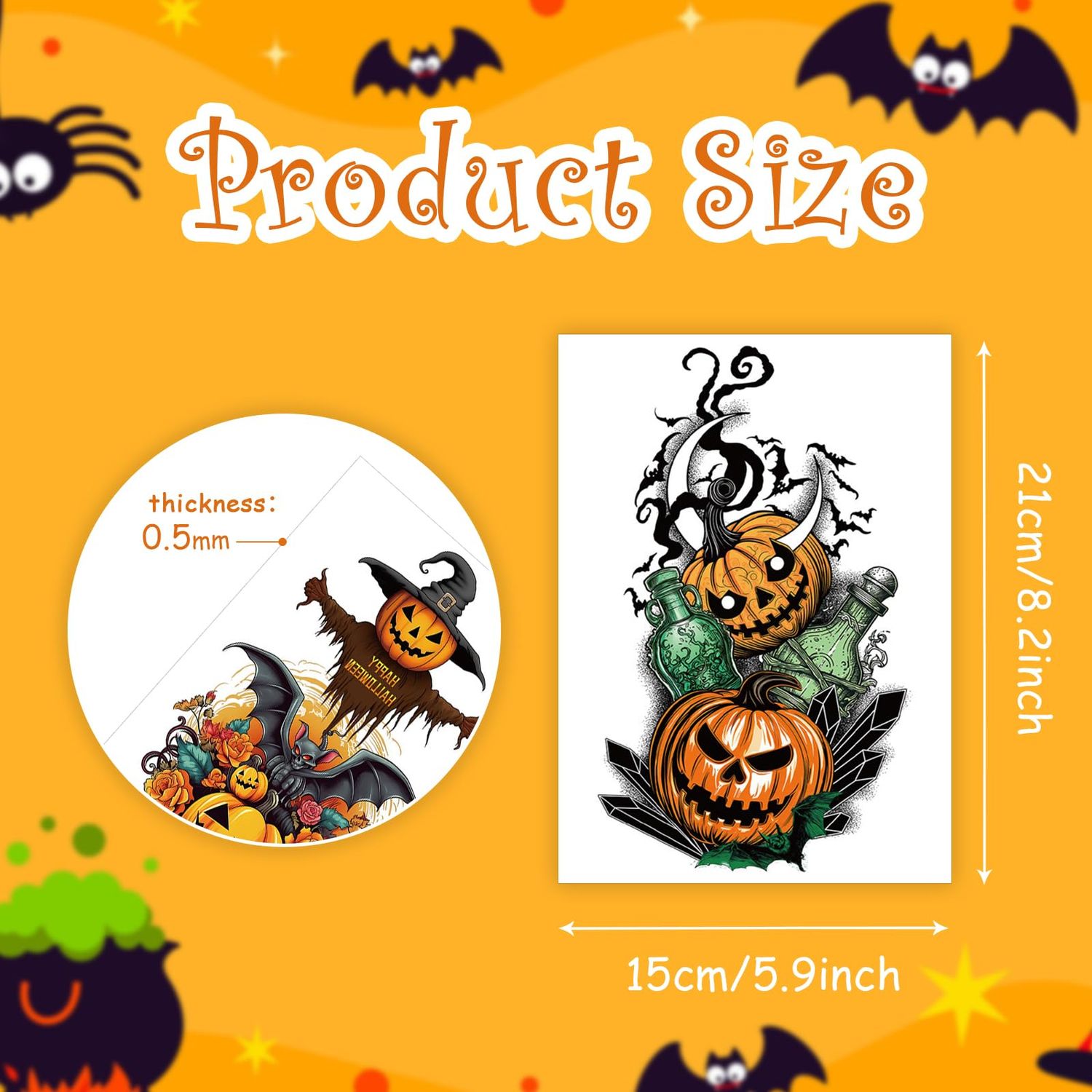 Halloween Arm Temporary Tattoos,8 Sheets Halloween Fake Tattoos Pumpkin Skull Bat Witch Cat Tattoo Stickers for Halloween Costumes Decorations Make Up Party Favors