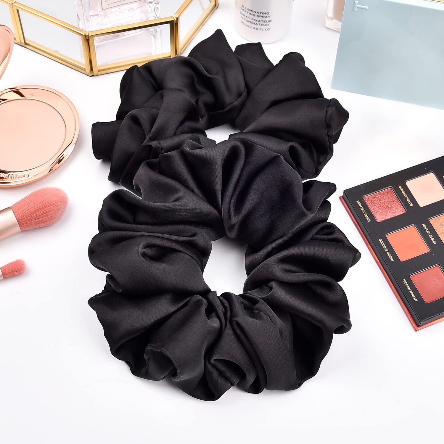 CEELGON Black Big Real Silk Scrunchies for Women 6.3Inches Large Scrunchie Satin Oversized Silk Thick Elastic Hair Ties Jumbo Hair Scrunchies 6 Pack (Black)