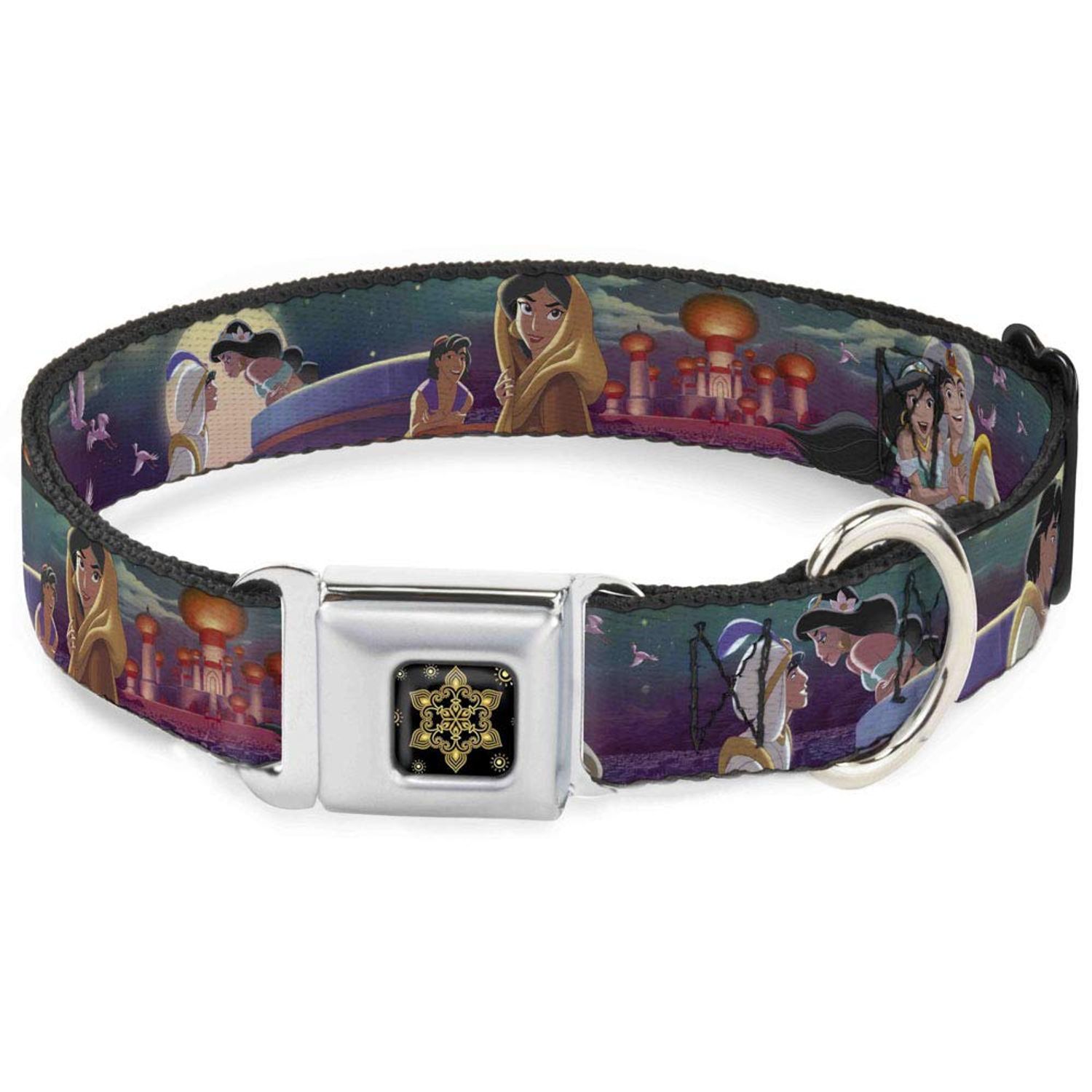 Dog Collar Seatbelt Buckle Aladdin Jasmine Scenes Castle Birds 16 to 23 Inches 1.5 Inch Wide