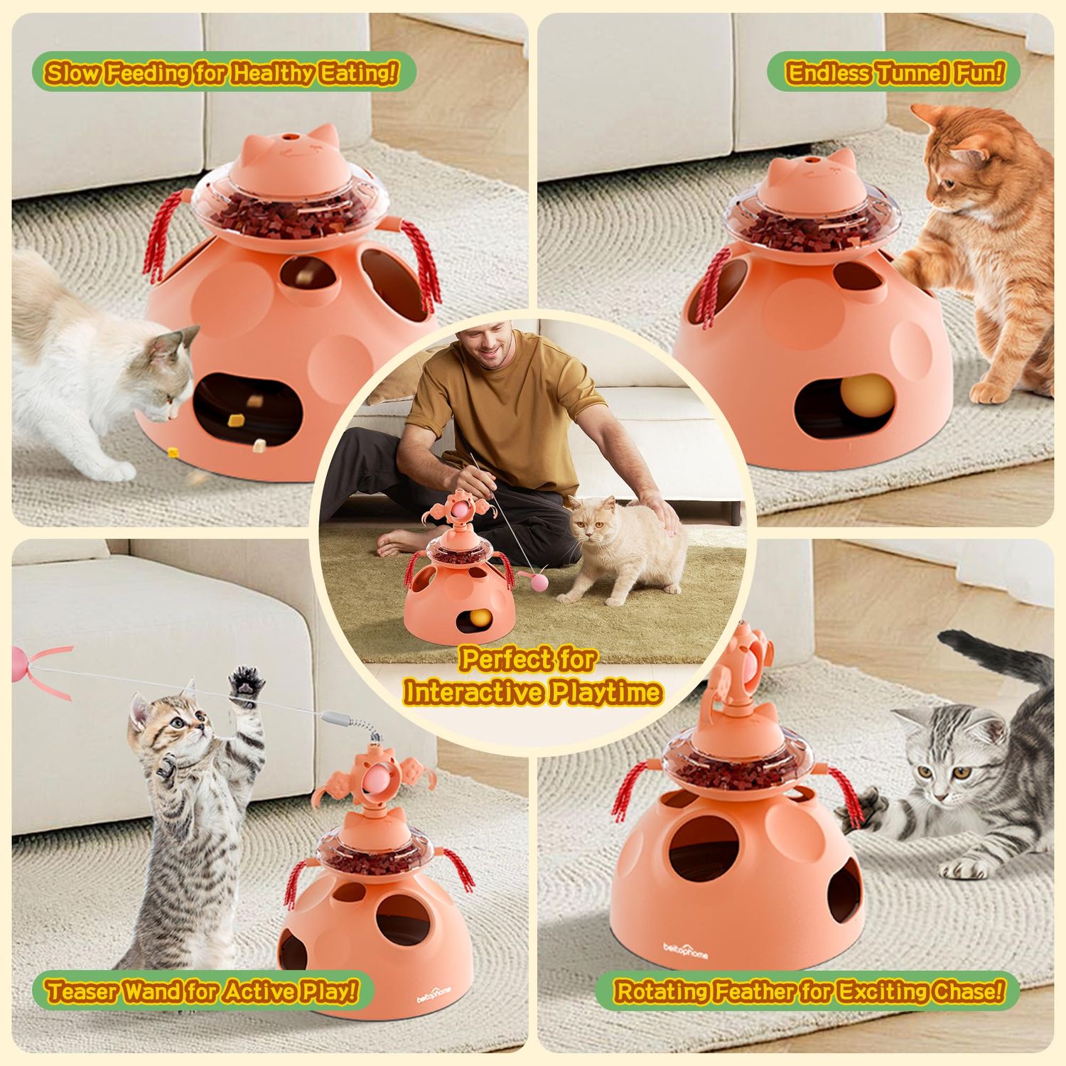 beitophome 4-in-1 Cat Toys, Interactive Cat Toy with Track Balls, Fluttering Feathers, Slow Food Dispenser, Fun & Engaging Toys for Bored Indoor Cats, Durable & Safe Interactive (Pink)