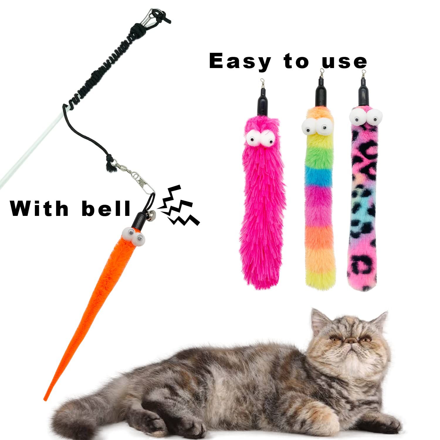 CATENESS Cat Wand Feather Toys, 1 PCS Elasticity Cat Toy Wand and 8 PCS Worms Refills, Interactive Teaser Wand Toy for Indoor Cats Play Exercise