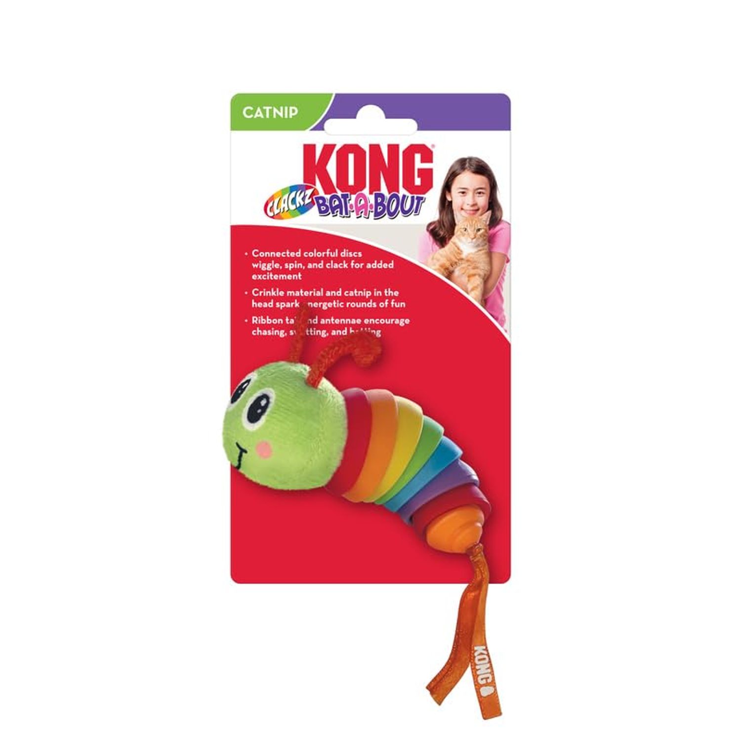 KONG Bat-A-Boutz Clackz Caterpillar with Colorful Ribbons - Crackle Cat Toy Filled with Catnip
