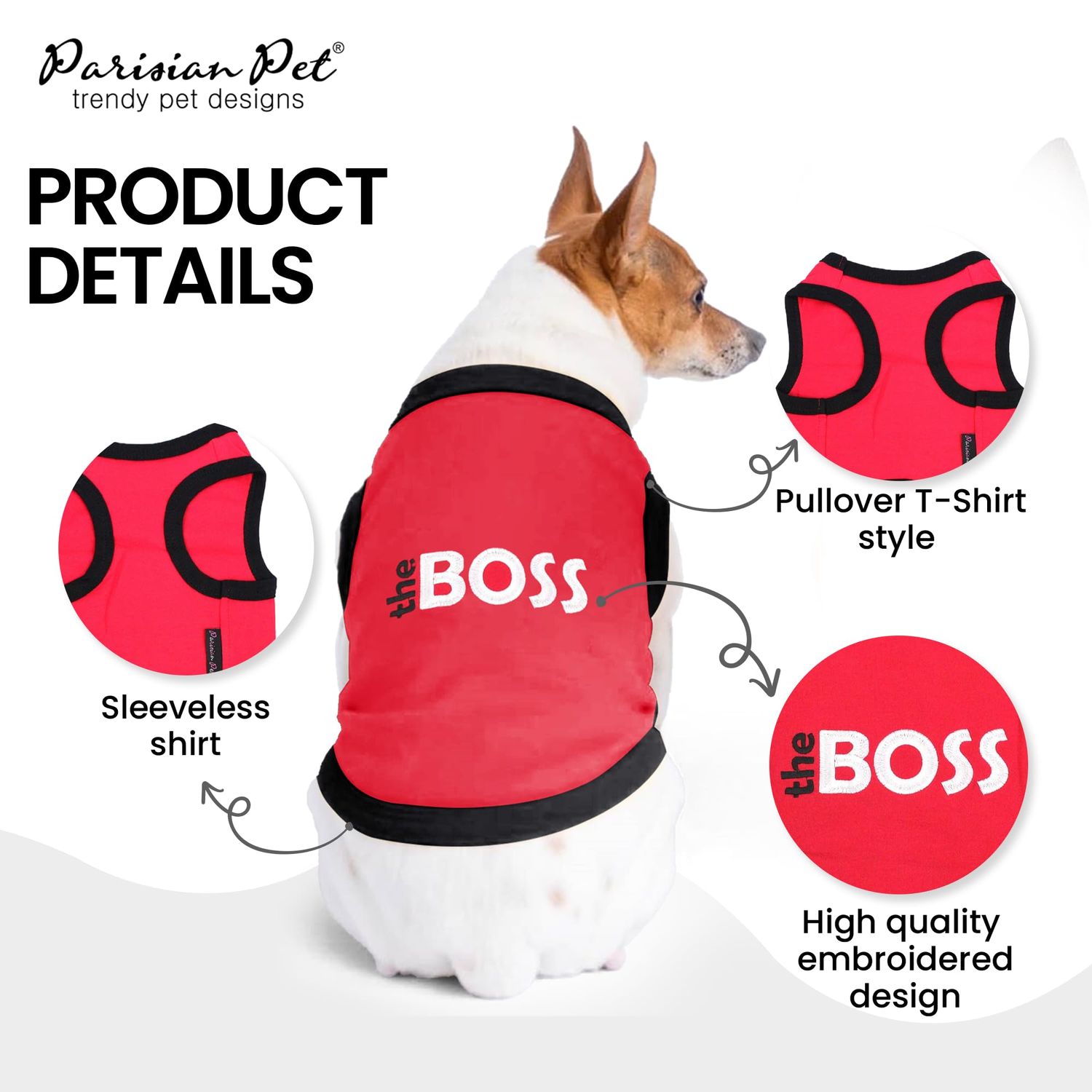 Parisian Pet Dog T-Shirt with Embroidered 'The Boss' - Lightweight Dog Clothes - Sleeveless Dog Outfit Boss - Dog Shirts for Small Dogs, S