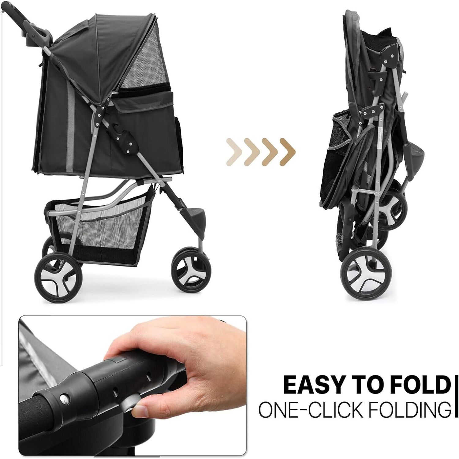 3 Wheels Foldable Pet Strollers Portable Travel Carrier with Cup Holder Black