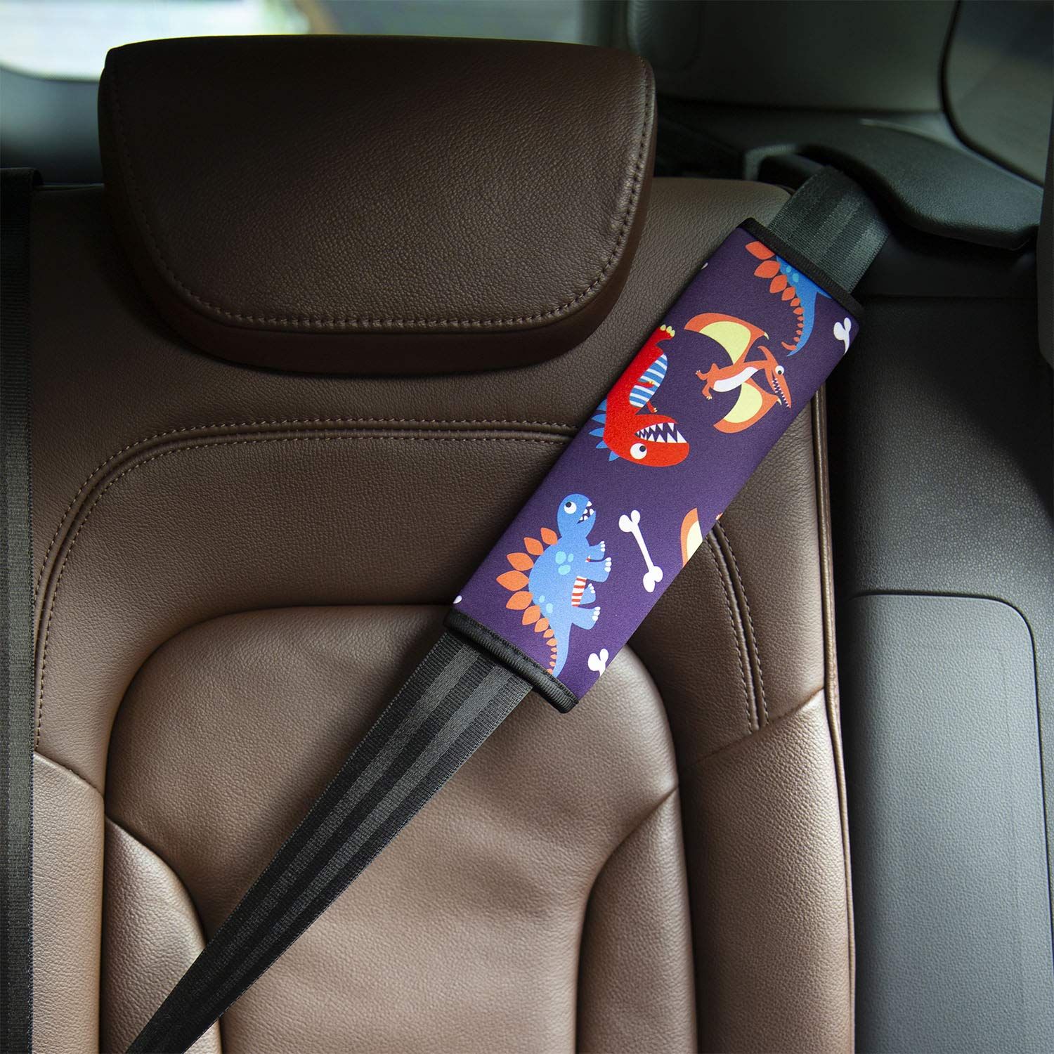 YR Seat Belt Cover for Kids, Soft Comfort Seat Belt Cushion for Children, Cute Cartoon Pattern Car Seat Belt Pads Cover for Girls and Boys, 1 Pack, Dinosaur