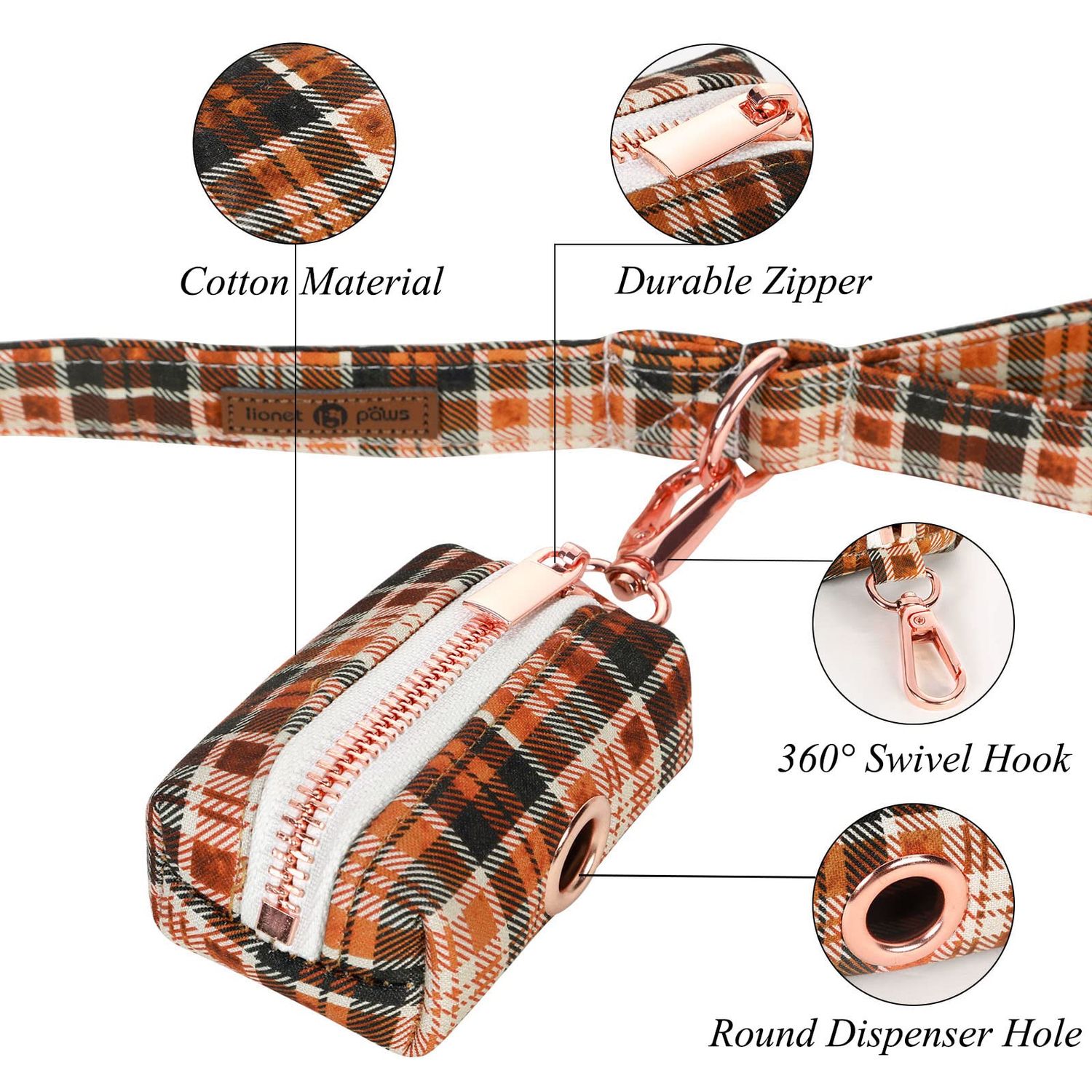 Lionet Paws Cute Dog Poop Bag Holder with Dog Poop Bag for Leash, Cotton Dog Bag Dispenser, Matching Dog Collar