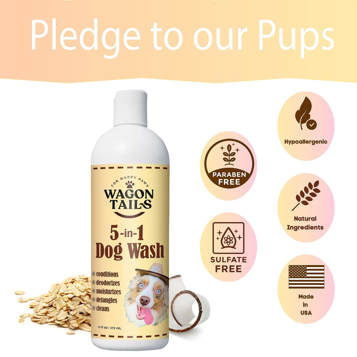 Wagon Tails 5-in-1 Dog Shampoo and Conditioner | 16 Oz | All Natural, Eco-Friendly Dog Itch Relief Formula | Moisturize/Replenish with Coconut and Palm | Paraben/Sulfate Free with Aloe and Oatmeal