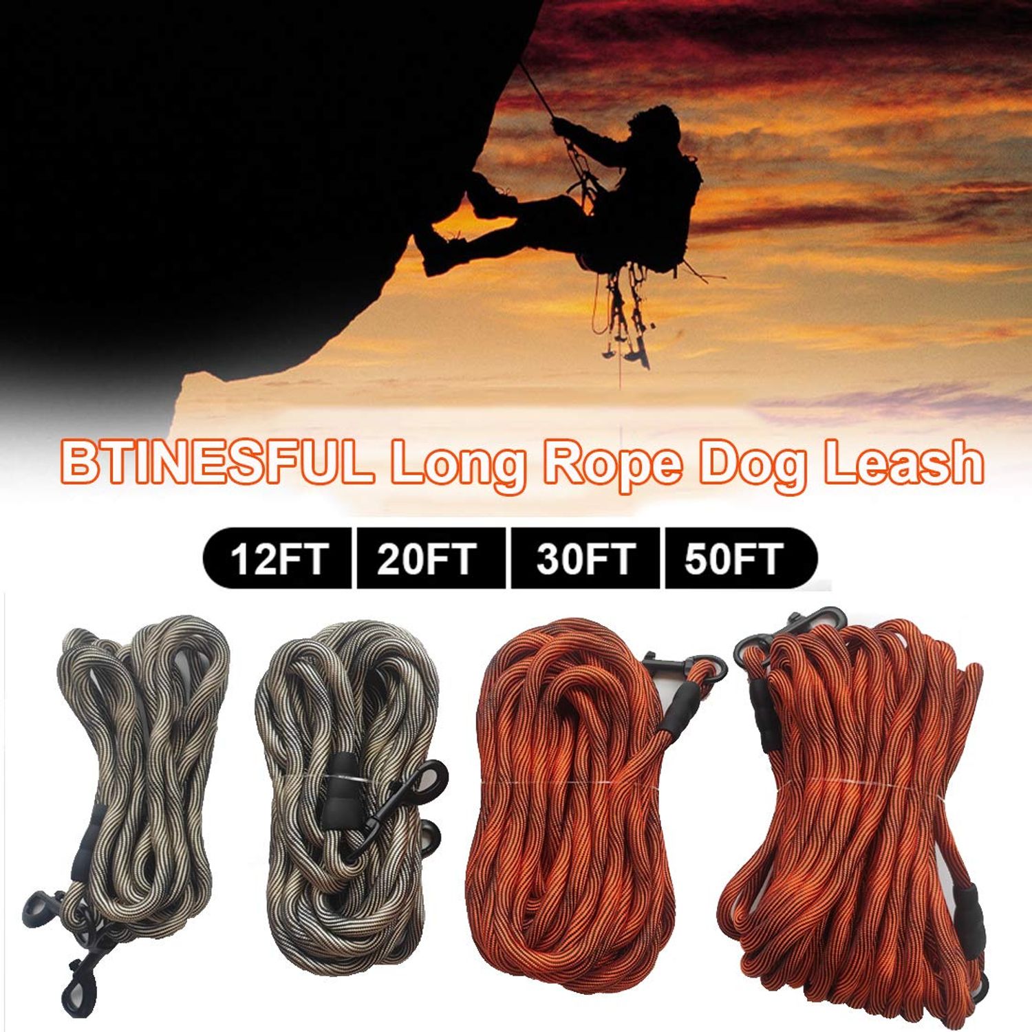 BTINESFUL Tie-Out Check Cord Long Rope Dog Leash, 8ft 12ft 20ft 30ft 50ft Recall Training Lead Leash- Great for Large Medium Small Dogs Training, Playing, Camping, or Backyard (20ft, Orange Black)