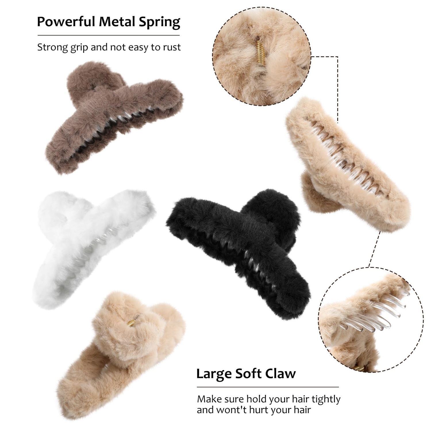 5PCS Large Claw Hair Clips for Thick Hair Big Banana Hair Clips for Women Nonslip Strong Hold Hair Claw Clip Plush (White+Black+Beige+Brown+Coffee)