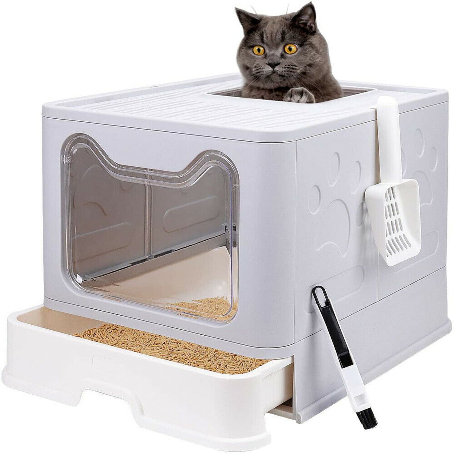 Large Pet Cat Litter Box Hooded Fully Enclosed Drawer Tray with Cat Litter Scoop